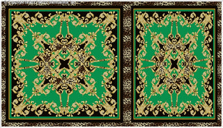 Intricate baroque-style pattern with swirling floral designs and a leopard print border on a square fabric.