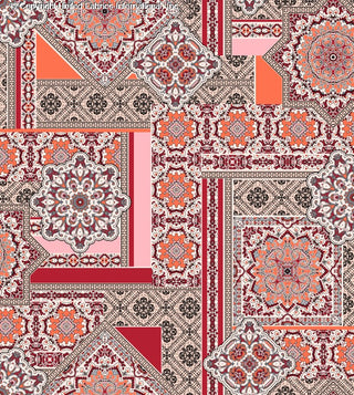 Intricate geometric design with overlapping shapes, lines, and triangles on a detailed, textured background. TANG/RED/PINK