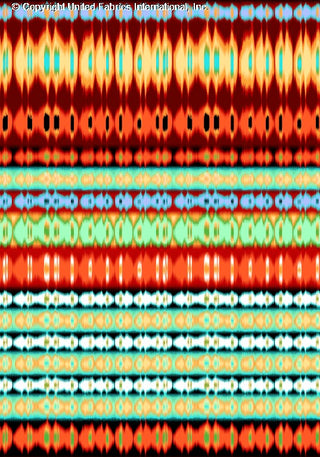 A repeating, wavy pattern with horizontal stripes of varying widths, featuring small, rounded shapes in rows. ORANGE/MINT/GOLD