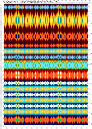 A repeating, wavy pattern with horizontal stripes of varying widths, featuring small, rounded shapes in rows.