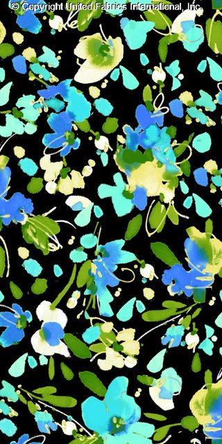 Challis Rayon Printed Inkling with large floral peonies pattern, woven fabric GREEN/BLUE/YELLOW