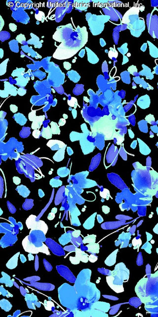 Challis Rayon Printed Inkling with large floral peonies pattern, woven fabric ROYAL/DENIM/SKY