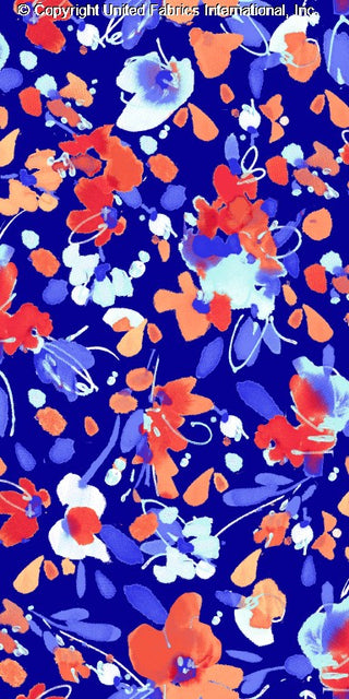 Challis Rayon Printed Inkling with large floral peonies pattern, woven fabric DENIM/RED/BLUE