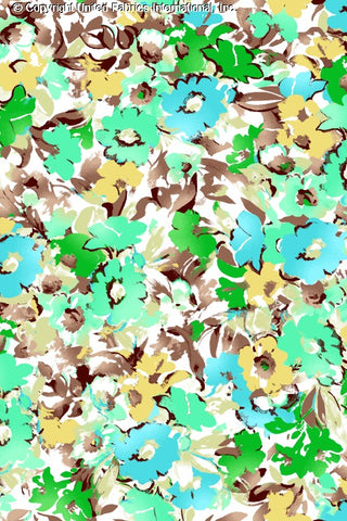 Woven fabric with large chrysanthemum and daisy floral print, perfect for summer apparel sewing. BROWN/POOL/SKY