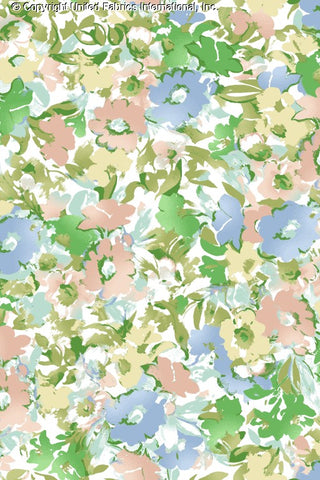 Woven fabric with large chrysanthemum and daisy floral print, perfect for summer apparel sewing. PUMPKIN/POOL/GREEN