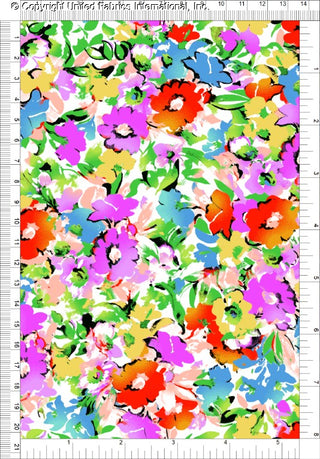 Woven fabric with large chrysanthemum and daisy floral print, perfect for summer apparel sewing.