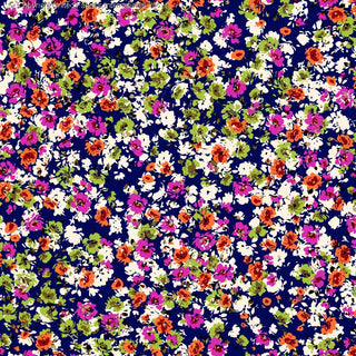 Challis Rayon Printed Bridgette with rose and small floral pattern, woven fabric for sewing NAVY/FUCHSIA/LIME