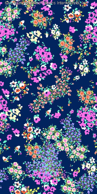 Challis Rayon Printed Fresca with small floral rose daisy pattern, woven fabric NAVY/PINK/YELLOW