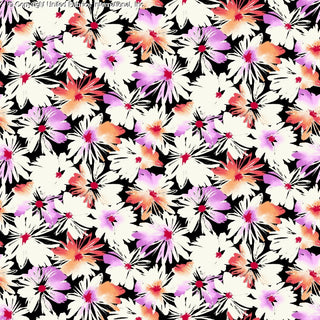 Woven Challis Rayon Printed Nazly with small daisy floral pattern, ideal for dress fabric BLACK/FUSCHIA/ORANGE