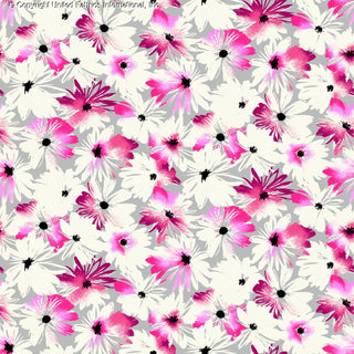 Woven Challis Rayon Printed Nazly with small daisy floral pattern, ideal for dress fabric GREY/FUSCHIA/IVORY
