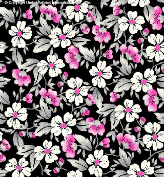 Woven Challis Rayon Printed Prosaic with small daisy floral pattern, ideal for sewing and apparel BLACK/GREY/FUSHIA