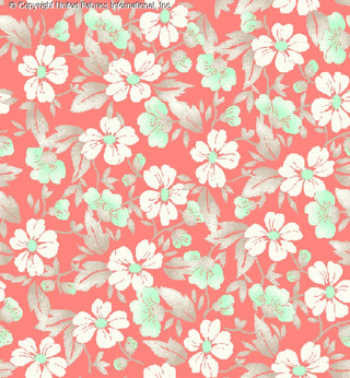 Woven Challis Rayon Printed Prosaic with small daisy floral pattern, ideal for sewing and apparel CORAL/TAUPE/AQUA