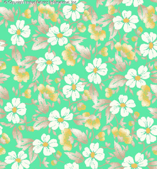 Woven Challis Rayon Printed Prosaic with small daisy floral pattern, ideal for sewing and apparel MINT/OLIVE/GOLD