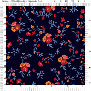 Woven fabric with dahlias and chrysanthemum floral print, soft challis texture for sewing