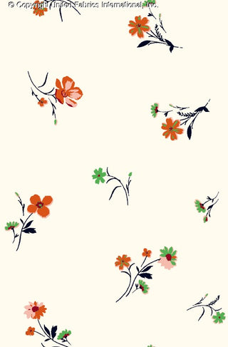 Challis Rayon Printed Marmara with zinnia and daisy pattern, woven fabric for sewing IVORY/GREEN/TANG
