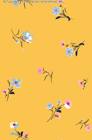 Challis Rayon Printed Marmara with zinnia and daisy pattern, woven fabric for sewing YELLOW/SKY/PINK