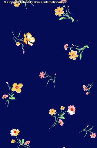 Challis Rayon Printed Marmara with zinnia and daisy pattern, woven fabric for sewing MARINE/YELLOW/MINT