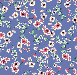 Woven fabric with small daisy floral print, ideal for dressmaking and apparel sewing DENIM/ROSE/MINT