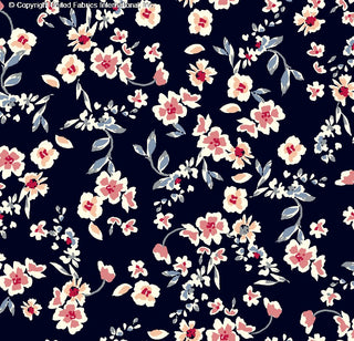 Woven fabric with small daisy floral print, ideal for dressmaking and apparel sewing NAVY/ROSE/DENIM