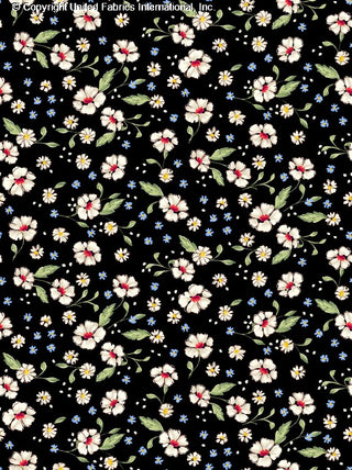 Patterned Challis Rayon Printed Vadin with dogwood and daisy floral design BLACK/RED/BLUE
