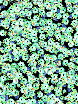 Challis Rayon Printed Redwood with rose pattern, woven fabric for dressmaking BLACK/AQUA/LIME