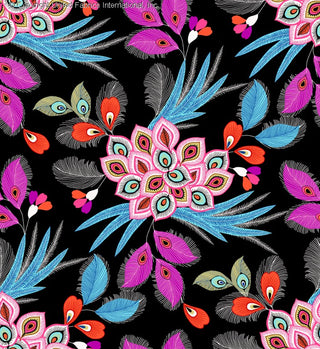 Peacock feather print pattern with floral accents on Challis Rayon Printed Villus woven fabric, perfect for sewing BLACK/PINK/TURQ
