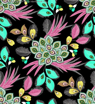 Peacock feather print pattern with floral accents on Challis Rayon Printed Villus woven fabric, perfect for sewing BLACK/PINK/GREEN