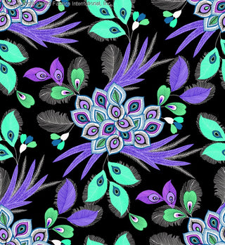 Peacock feather print pattern with floral accents on Challis Rayon Printed Villus woven fabric, perfect for sewing BLACK/PURPLE/BLUE