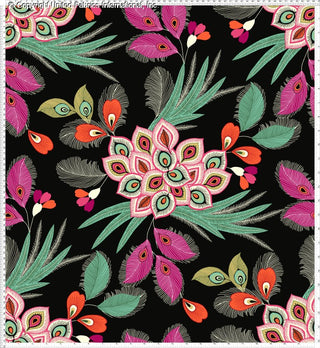 Peacock feather print pattern with floral accents on Challis Rayon Printed Villus woven fabric, perfect for sewing