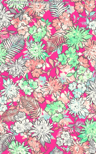 Challis Rayon Printed Tropical with palm leaf and chrysanthemum pattern, woven fabric SANGRIA/MINT/GREY