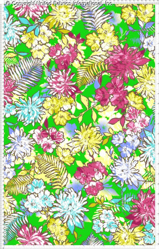 Challis Rayon Printed Tropical with palm leaf and chrysanthemum pattern, woven fabric