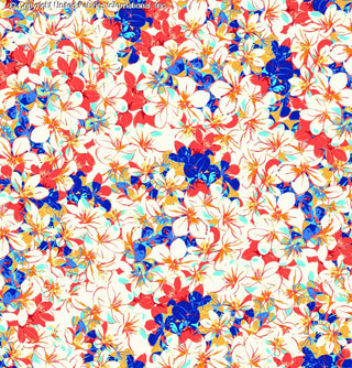 Challis Rayon Printed Frangipani with frangipani and hibiscus woven fabric pattern CORAL/AQUA/BLUE