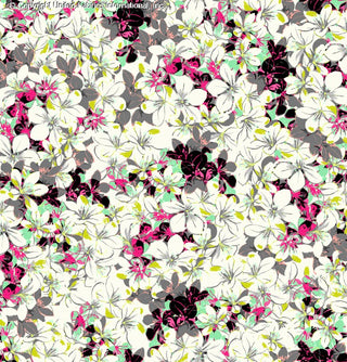 Challis Rayon Printed Frangipani with frangipani and hibiscus woven fabric pattern GREY/FUSCHIA/AQUA