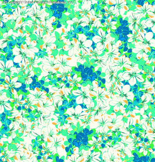 Challis Rayon Printed Frangipani with frangipani and hibiscus woven fabric pattern TURQ/AQUA/YELLOW