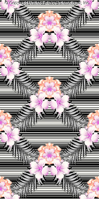 Challis Rayon Printed Surfside Luau with hibiscus pattern and leaf print fabric BLACK/IVORY/PINK