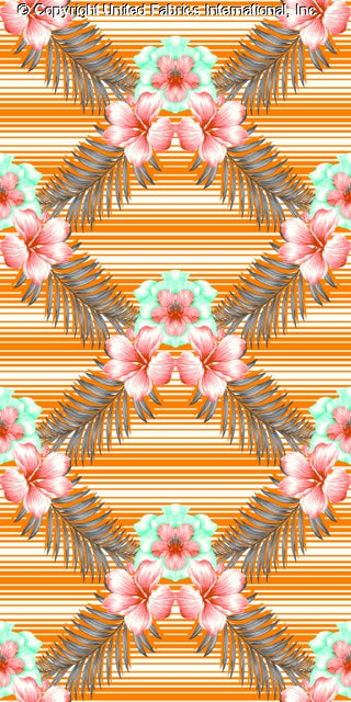 Challis Rayon Printed Surfside Luau with hibiscus pattern and leaf print fabric ORANGE/AQUA/GREY