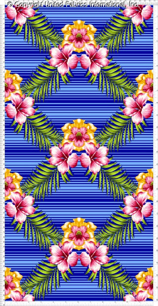 Challis Rayon Printed Surfside Luau with hibiscus pattern and leaf print fabric