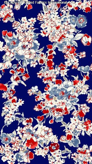 Challis Rayon Printed Shelly with peonies floral pattern, woven fabric for sewing NAVY/RED/BLUE