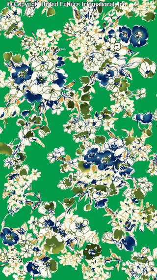 Challis Rayon Printed Shelly with peonies floral pattern, woven fabric for sewing JADE/BLUE/SUN