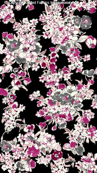 Challis Rayon Printed Shelly with peonies floral pattern, woven fabric for sewing BLACK/BERRY/GREY