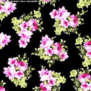 Challis Rayon Printed French Maid with rose pattern, woven fabric for sewing and crafts BLACK/GREEN/FUCHSIA