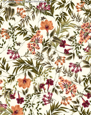 Challis Rayon Printed Kaya with hibiscus pattern and tropical print, woven fabric for sewing IVORY/ROSE/PEACH