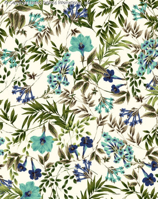 Challis Rayon Printed Kaya with hibiscus pattern and tropical print, woven fabric for sewing IVORY/DENIM/TURQ