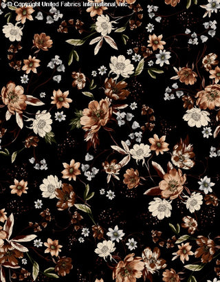Challis Rayon Printed Valentina with peonies and rose pattern, woven fabric for dresses BROWN/OLIVE/GREY