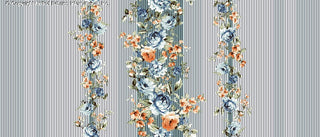 Challis Rayon Printed Saniyya with variegated stripe pattern and peonies floral print BLUE/ORANGE/OLIVE