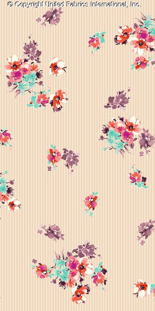 Woven Challis Rayon Printed Leona with small daisy floral pattern and stripe design BLUSH/ROSE/BLUE