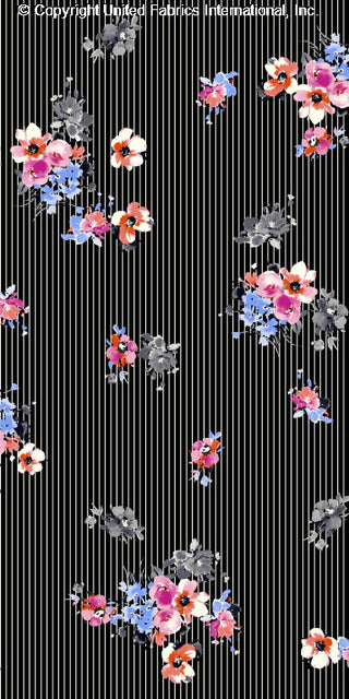 Woven Challis Rayon Printed Leona with small daisy floral pattern and stripe design BLACK/ROSE/SKY