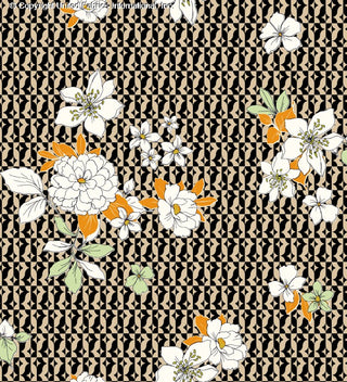 Challis Rayon Printed Lareina with peonies floral pattern, woven fabric for sewing BLACK/ORANGE/OFFWHIT