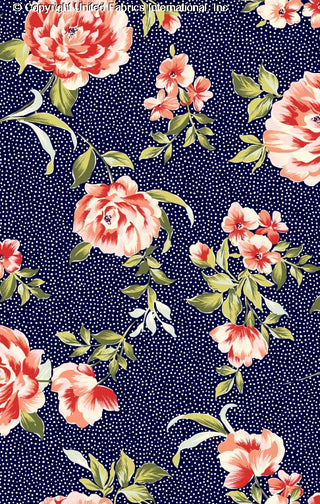 Challis Rayon Printed Ksenia with peonies and dot pattern, woven fabric for sewing NAVY/RED/CELERY
