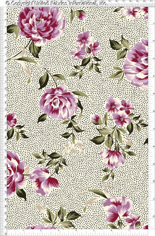 Challis Rayon Printed Ksenia with peonies and dot pattern, woven fabric for sewing